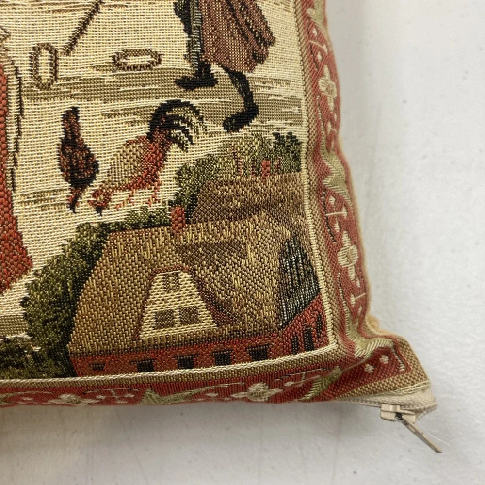 Vtg Scottish Tapestry Throw Pillow Crewel Cottage‎ Scene 13 X13